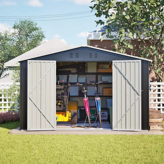 Grande remise de jardin en métal, 3 x 2,5 x 1,9 m avec toit en pente, portes coulissantes sécurisées, anthracite, étanche