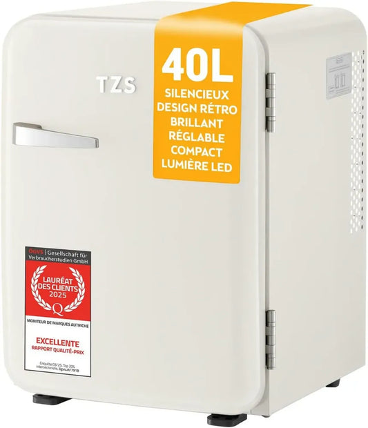 Mini Réfrigérateur Vintage 40L Silencieux avec Lumière et Compartiments - Idéal pour Bureau, Chambre, Hôtel