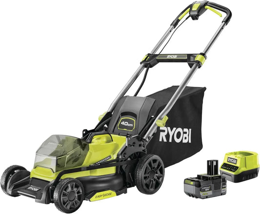 RYOBI Tondeuse à Gazon 18V One+ Sans Balais 40 cm - Jusqu'à 600 m² - Inclut 2 Batteries 4Ah, 1 Batterie 5Ah & Chargeur
