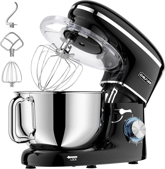 Robot Culinaire Cheflee 2000W, Mixeur Pâtissier Silencieux 6 Vitesses, Bol 6.2L en Acier Inoxydable avec Batteur, Fouet et Crochet