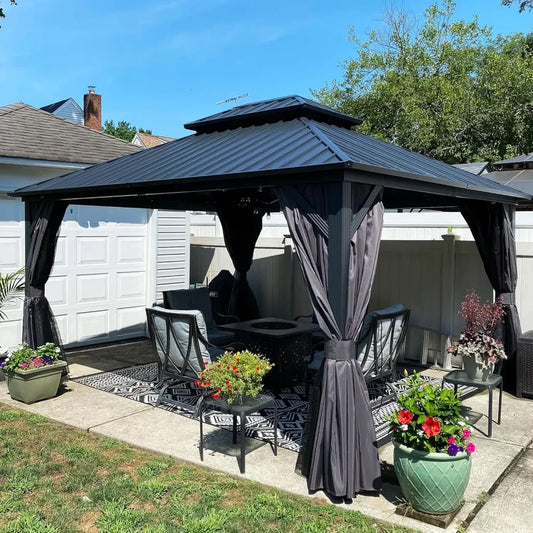 PURPLE LEAF Pergola de Jardin en Aluminium 4,25 x 3,65 m, Double Toit Acier avec Rideaux et Moustiquaire, Pavillon pour Terrasse et Barbecue, Gris