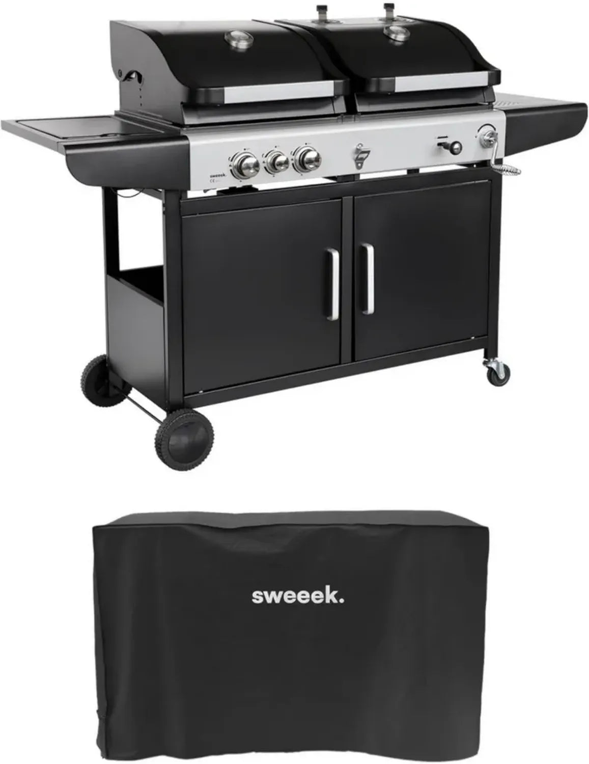Barbecue Combiné Gaz et Charbon 2 en 1 avec 3 Brûleurs et Feu Latéral, Grille et Fumoir, Tablettes et Housse Incluses