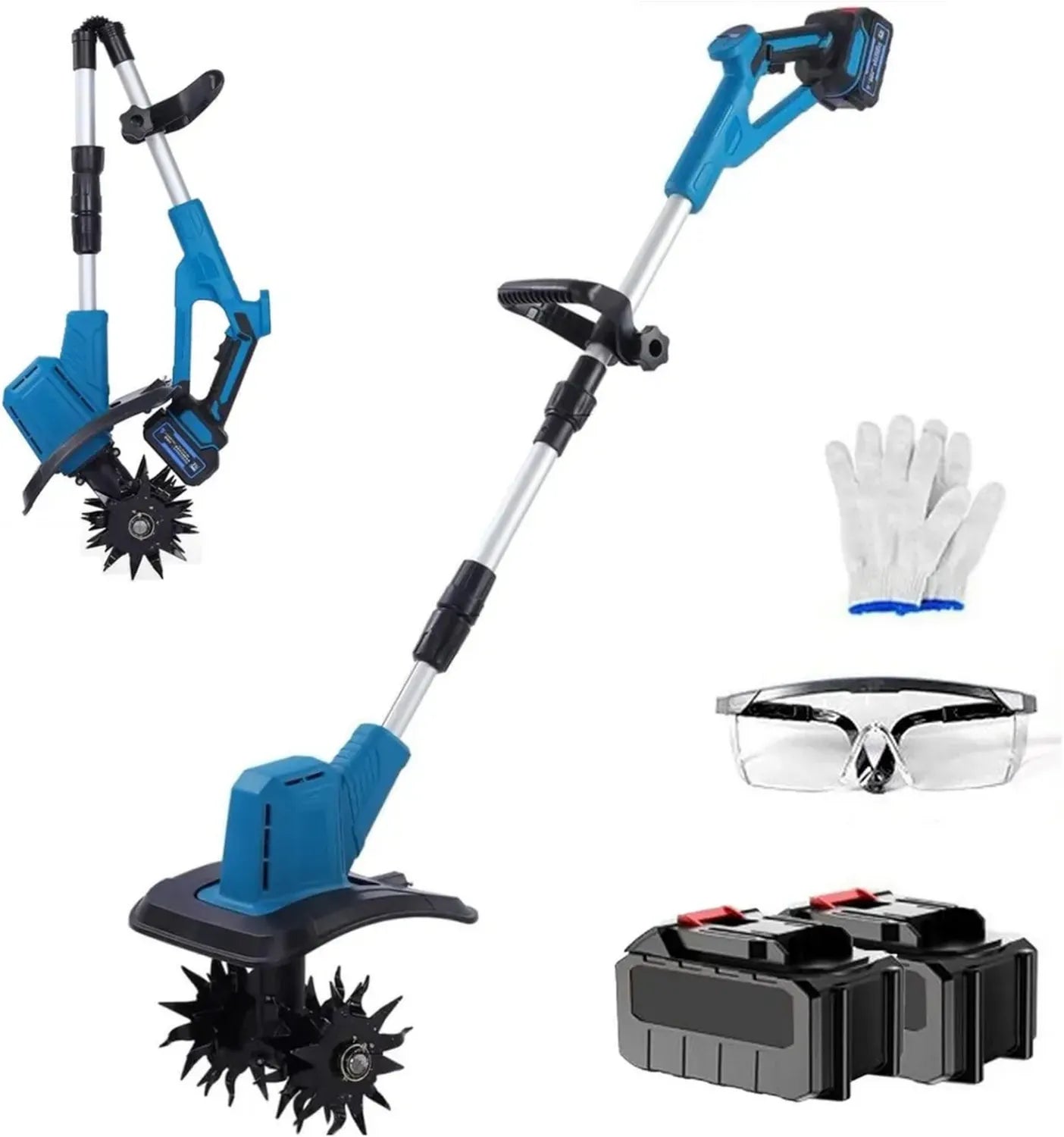 Motobineuse Électrique Sans Fil 21V, Cultivateur Pliable avec Poignée Ajustable, 30cm Large x 20cm Profond, Lame à 4 Rangées, Batterie Double 330 tr/min