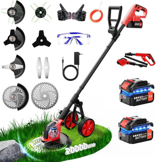 Lacoco Débroussailleuse Électrique sans Fil 850W - 2 Batteries de 3.0Ah, 4 Lames, Roues Réglables, Coupe-Bordure pour Pelouse et Jardin