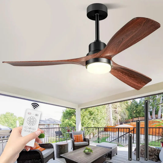 Ventilateur de plafond moderne avec lumière intégrée et télécommande, moteur DC silencieux réversible, 132 cm, 3 pales en bois pour intérieur et extérieur