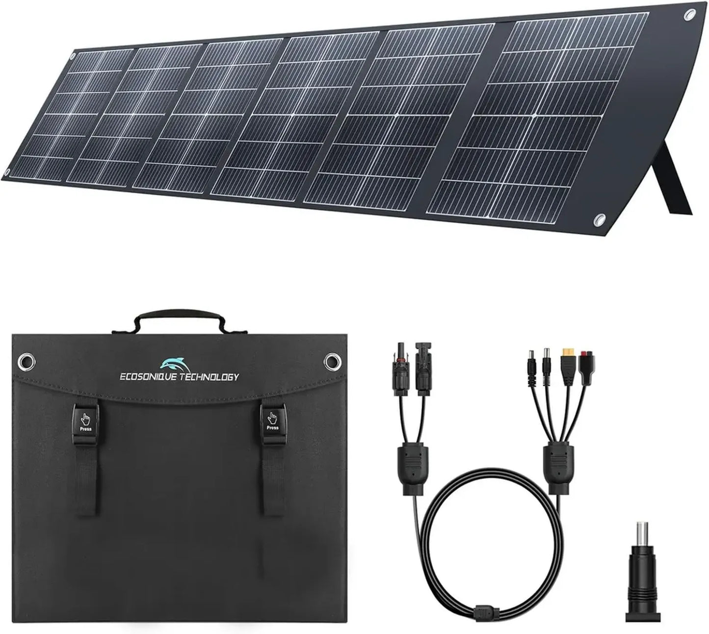 Ecosonique Panneau Solaire Pliable 200W avec Support, USB-C PD3.0 & USB-A QC3.0, Sorties MC4 Multiples pour Stations Électriques et Camping