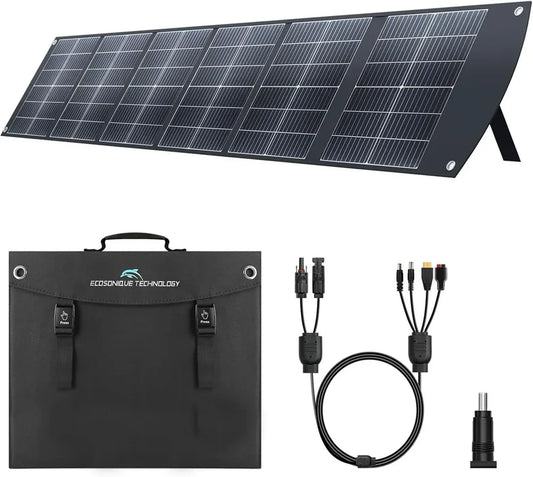 Ecosonique Panneau Solaire Pliable 200W avec Support, USB-C PD3.0 & USB-A QC3.0, Sorties MC4 Multiples pour Stations Électriques et Camping