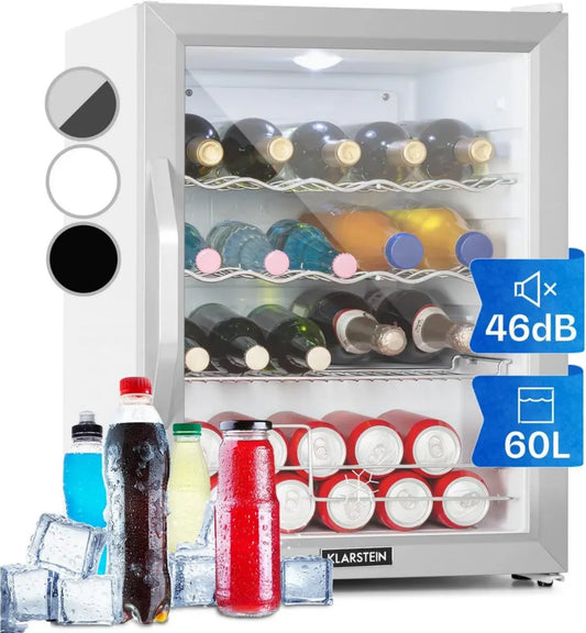 Réfrigérateur Compact KLARSTEIN 60L, Silencieux pour Chambre et Bureau, Idéal pour Boissons, Étagères Réglables pour Vin et Bière