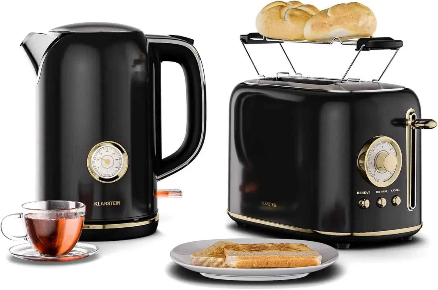 Ensemble Petit-Déjeuner Klarstein Victoria - Grille-Pain avec 7 Niveaux et Support à Petits Pains, Bouilloire Électrique 1,7L avec Filtre Anti-Calcaire, Arrêt Automatique, Noir