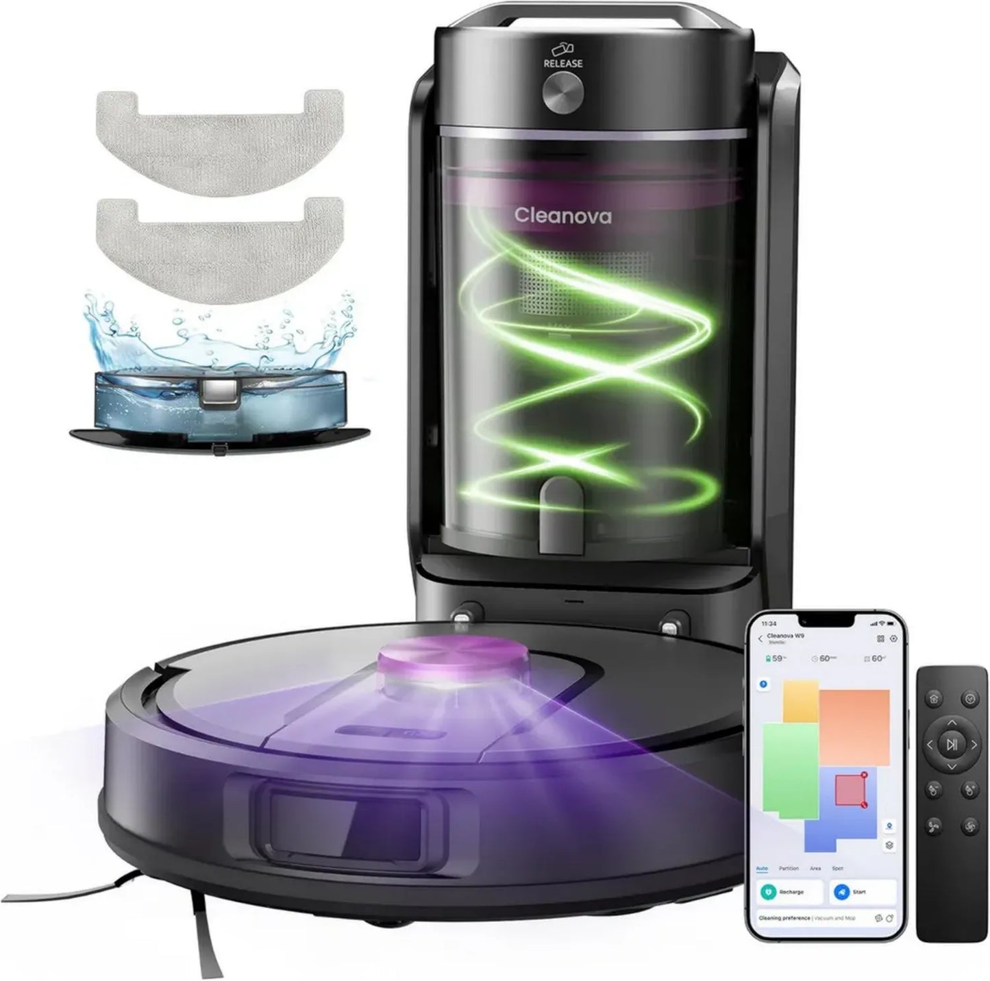 Robot aspirateur laveur sans sac avec station automatique, 10000Pa, navigation LiDAR, compatible Alexa
