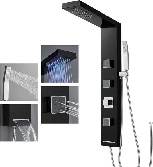 Colonne de Douche Hydromassante LED Noire en Acier Inoxydable 304